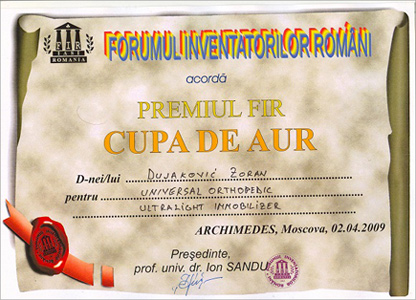 Румунија - Гран при и пехар Архимед које је 2009. добио Зоран Дујаковић за свој изум Универзални ортопедски ултралаки имобилизатор