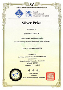 Кореја - Сребрна медаља на Међународном сајму изума у Сеулу 2008. за Зорана Дујаковића и његов ортопедски имобилизатор